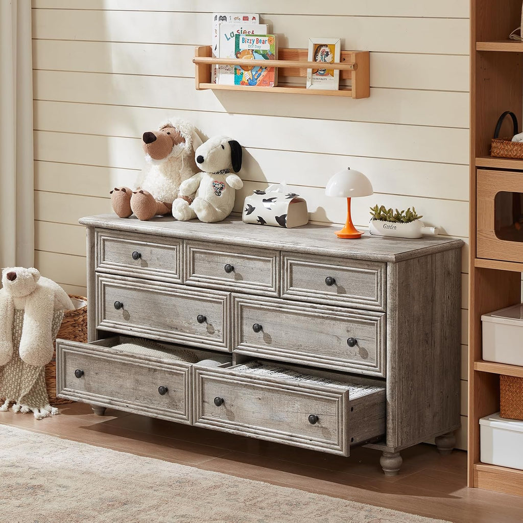 Farmhouse Dressers & Night Stand Set of 3, Wood 54' Wide Dresser & 35.5'Tall Chest of Drawers, 18' Roman Column Nightstand, Bedroom Furniture 7 Drawer Dresser Set for Bedroom Home Living Room Hallway