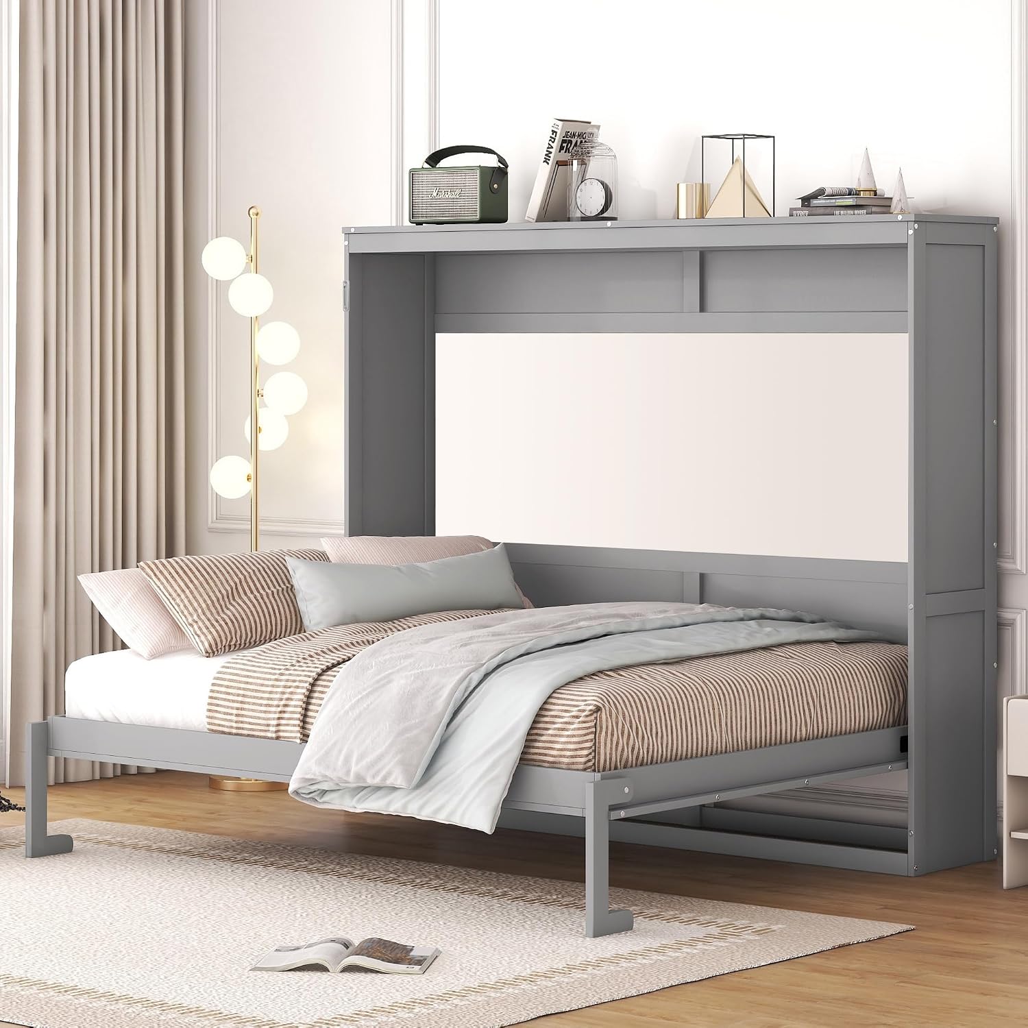 Merax Modern Farmhouse Solid Wood Murphy Cabinet Bed, Queen Foldable Wall Bed Frame, No Box Spring Needed/Space Saving, Gray