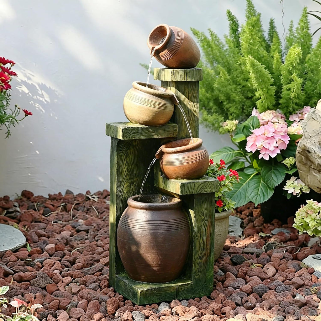Outdoor Water Fountain with LED Lights, 4-Tier Cascading Waterfall Fountain, Rustic Wood Barrel Resin Outdoor Water Fountain for Garden Patio Backyard Porch Indoor Decor, 36.6' H