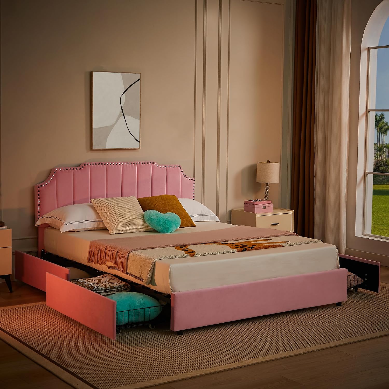 VECELO Full Upholstered Platform Bed Frame with 4 Storage Drawers,Velvet Vintage Full Bed with Nailhead Trim,Tufted Height Adjustable Headboard,Wooden Slats/No Box Spring Needed/Easy Assembly