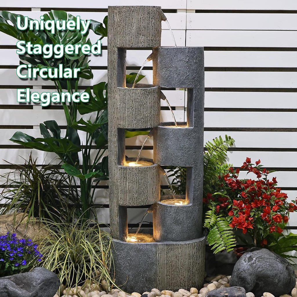 Sunlinua 51' Outdoor Water Fountain Uneven Cylinders Waterfalls Fountain Floor Standing Water Fountains with LED Lights, Pump, Natural Stones for Garden, Living Room, Patio