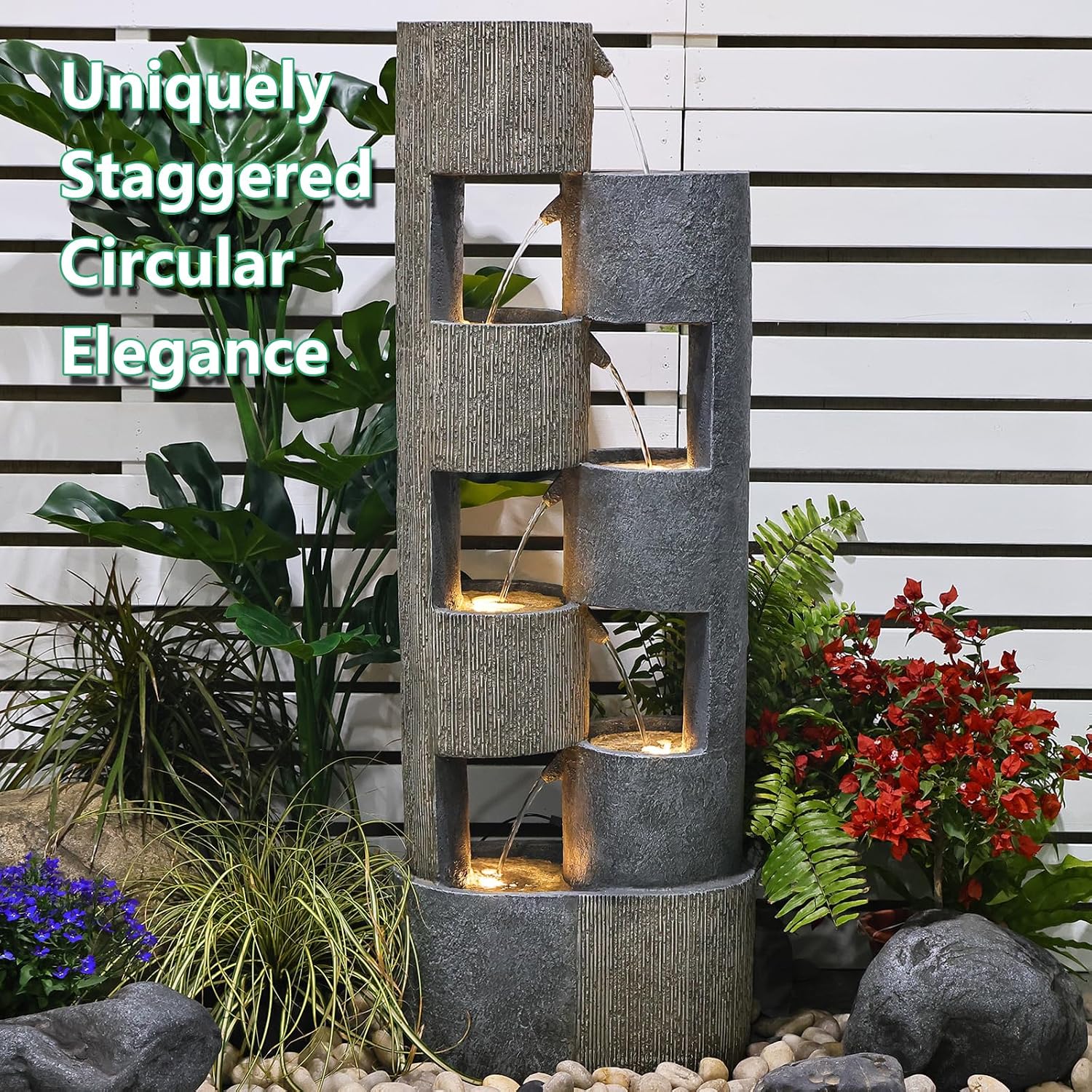 Sunlinua 51' Outdoor Water Fountain Uneven Cylinders Waterfalls Fountain Floor Standing Water Fountains with LED Lights, Pump, Natural Stones for Garden, Living Room, Patio