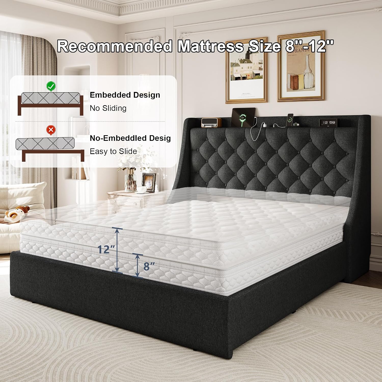 Queen Size Bed Frame with 4 Storage Drawers, Linen Upholstered Platform Bedframe w/Headboard, Button Tufted Wingback, Charging Station, Sturdy Wooden Slats, No Box Spring Needed, Dark Grey