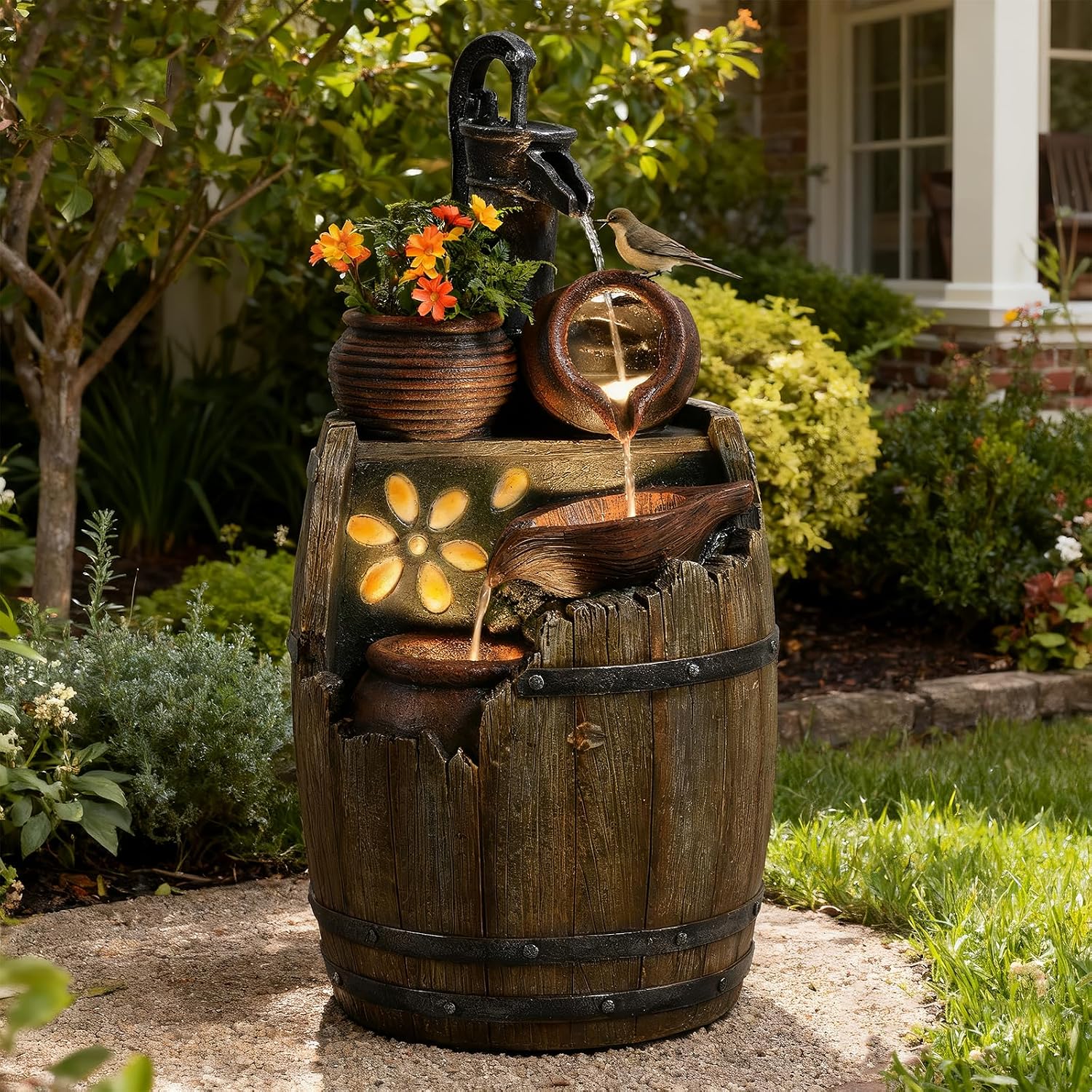 Water Fountain Outdoor 29' H Outside Floor 3 Tiered Rustic Barrel with Light, Pump for Garden, Patio, Deck, Porch, Backyard Home Decor