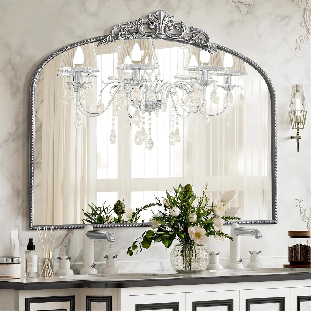 Micasso Large Vintage Silver Mirror: 40'x29' French Baroque Antique Arched Mirror - Traditional Ornate Decorative for Wall/Fireplace/Mantel/Entryway/Bathroom/Hallway - Home Decor for Living Room