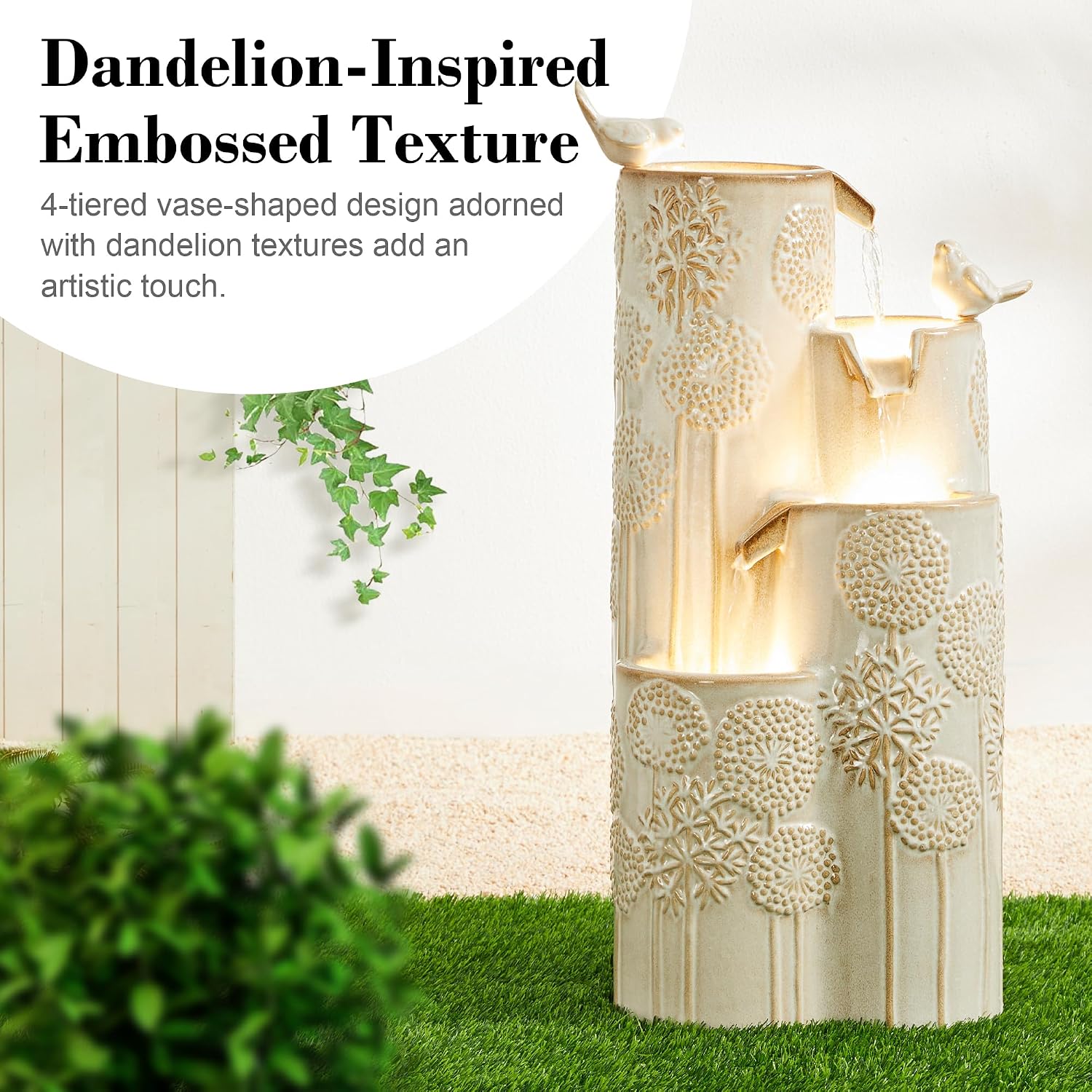 Glitzhome Water Fountain Outdoor with LED Lights, 4-Tier Vase Shaped Ceramic Outdoor Fountain, Dandelion Glaze Water Fountains Feature for Garden Backyard Patio, Sand Beige, 31.7'H