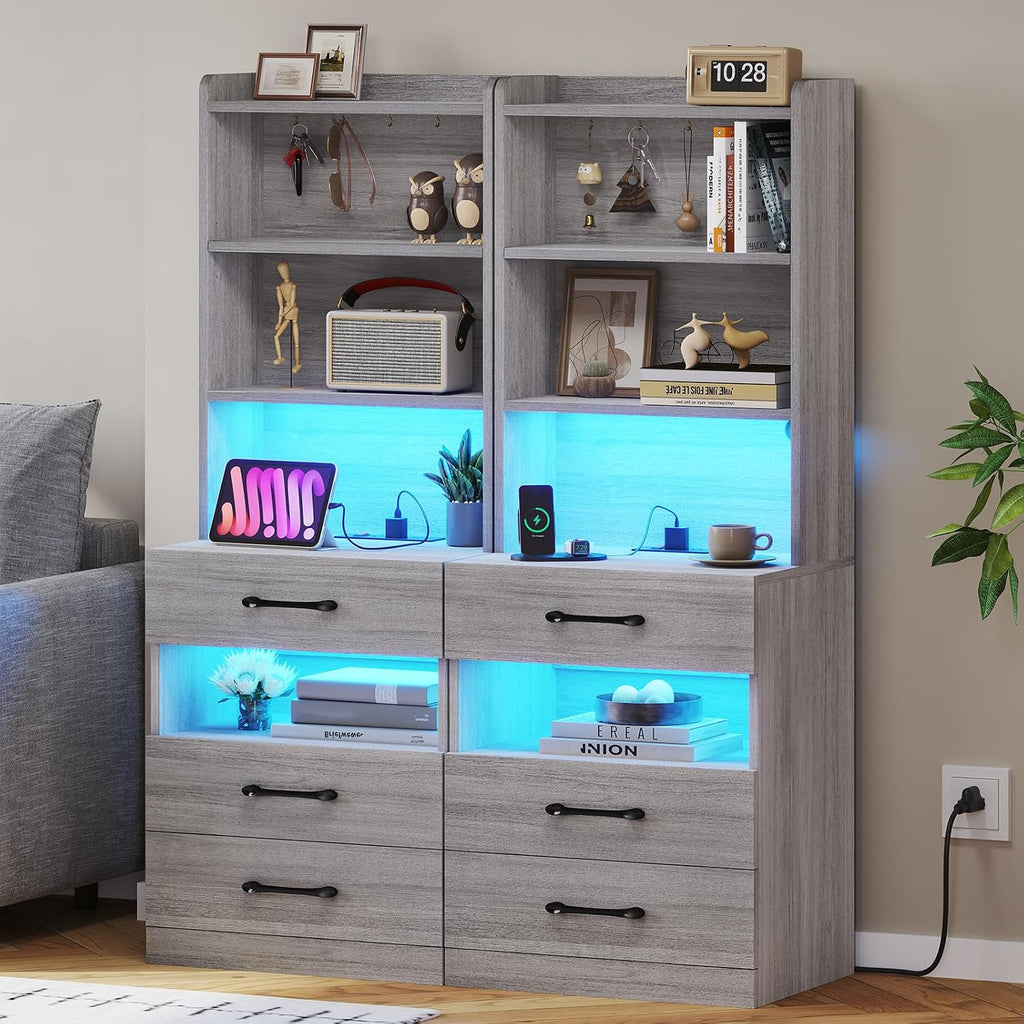 VIAGDO Tall Nightstand Set of 2 with Charging Station and LED Lights, Grey Night Stand Set 2 with Bookshelf, Modern LED Bedside Tables with 3 Drawers and Storage Shelves, Side Tables for Bedrooms
