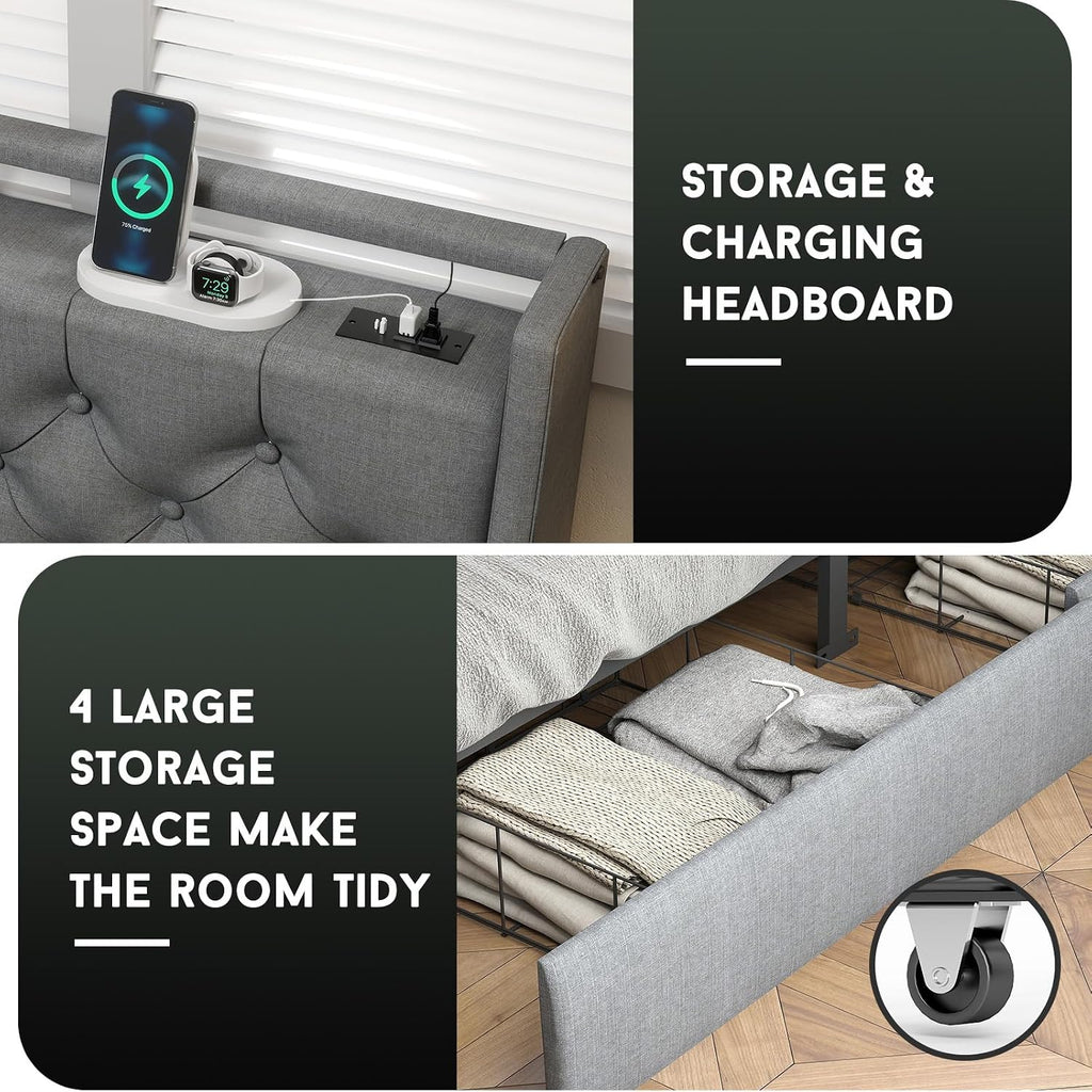 Queen Bed Frame with 4 Stoarge Drawers and LED Lights, Upholstered Platform Queen Size Bed Frame with Charging Station, Steel Slats Support, No Box Spring Needed, Noise-Free, Easy Assembly, Gray