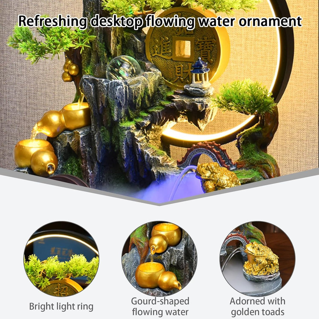 Tabletop Water Fountain, Indoor Bonsai Waterfall with LED Light, Resin Desk for Living Room, Office, Bedroom, Study(A)