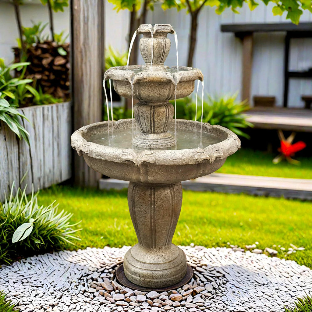 SunJet 48' High Modern Concrete Outdoor Water Fountain - 3 Tiered Large Floor Water Fountain and Waterfalls with Electric Pump for Garden, Patio, Yard, and Deck Decor, Featuring Natural Stone Look