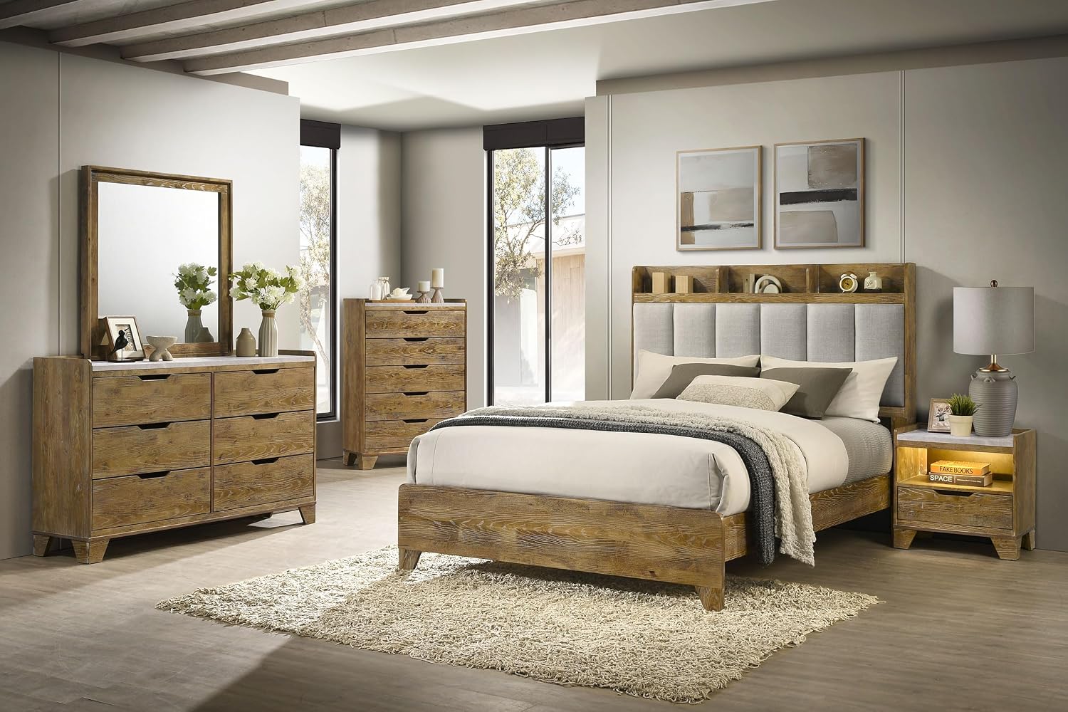 Coaster Home Furnishings - Henderson - Wood - 5-Piece Bedroom Set with Bookcase Headboard, USB Charging and Rustic Style - Bedroom - Eastern King Size - Medium Oak - 222971KE-S5