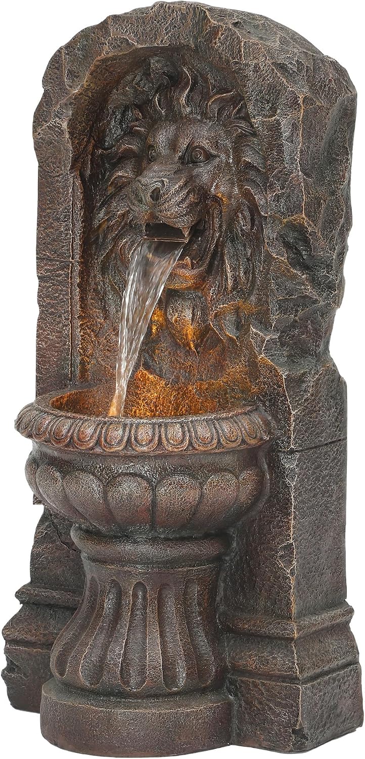 30' Majestic Lion Head Outdoor Water Fountain, Rustic Stone Pedestal Cascading Water Feature with Warm LED Lights, Tranquil Oasis for Outside Garden Patio Yard Decor