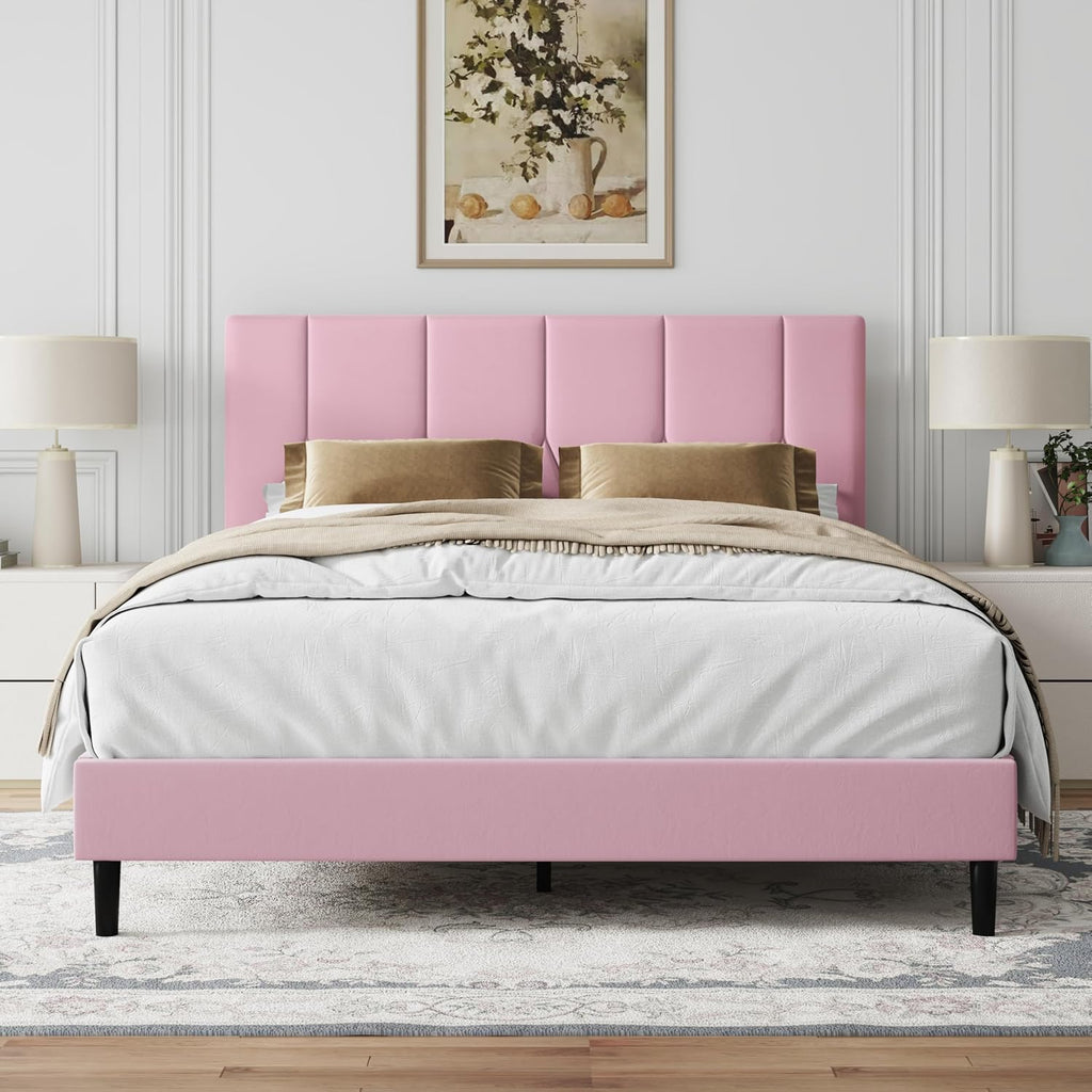 IOILORI Queen Size Bed Frame Platform with Velvet Upholstered Headboard, Sturdy Wooden Slats, No Spring Box, No Noise, Easy to Assemble, Bedframe with Strong Wooden Slats, Pink