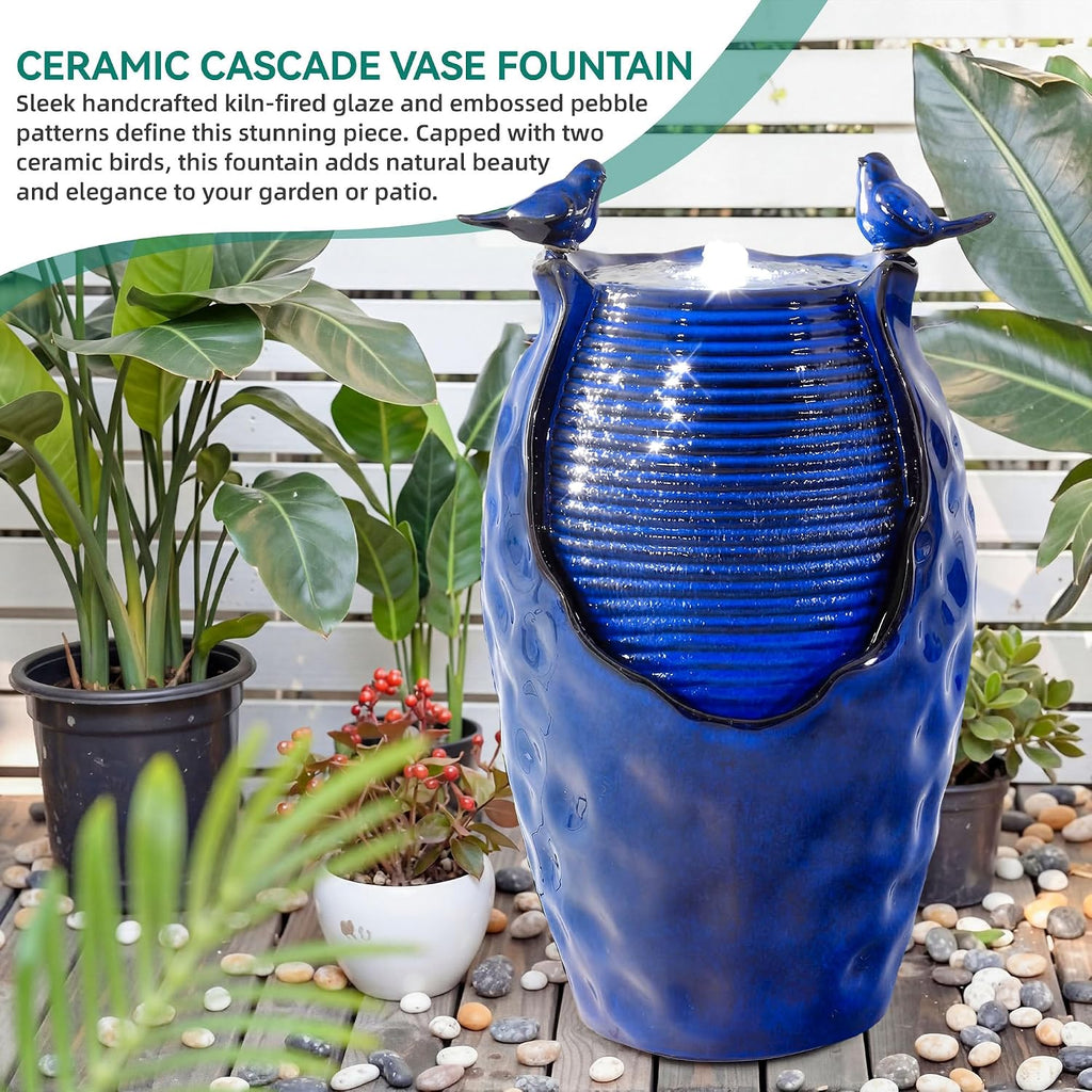 23.5' H Ceramic Jar Outdoor Fountain, Honeycomb Pot Water Feature with LED Lights, Soothing Trickling Waterfall for Garden, Patio, Yard Oasis, KD Vivid Bird Accents, Cobalt Blue Glaze,
