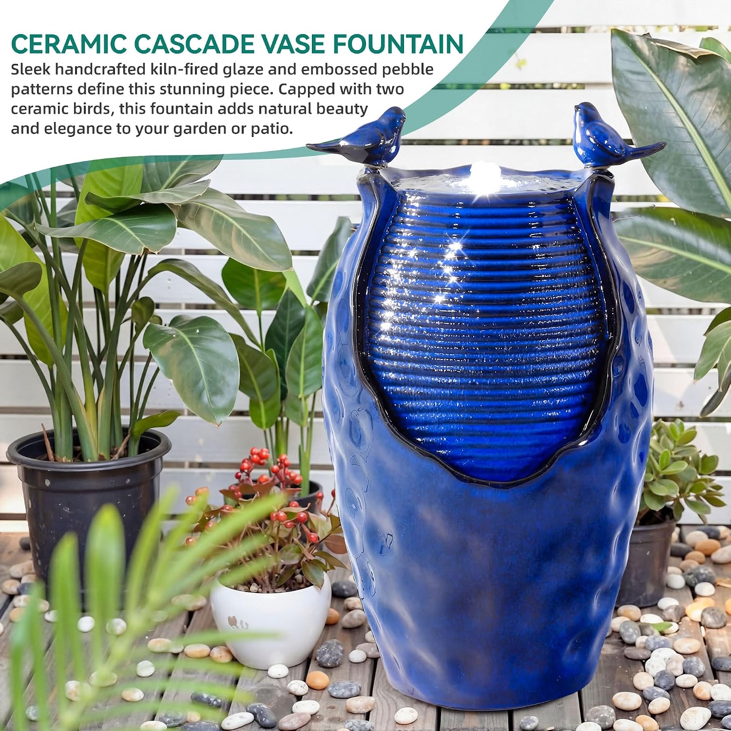23.5' H Ceramic Jar Outdoor Fountain, Honeycomb Pot Water Feature with LED Lights, Soothing Trickling Waterfall for Garden, Patio, Yard Oasis, KD Vivid Bird Accents, Cobalt Blue Glaze,