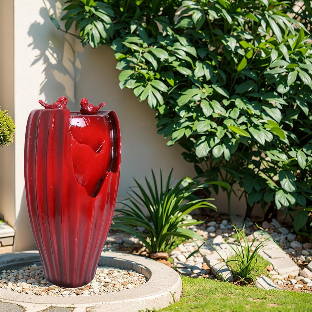 Ferrisland Red Fountain with LED Lights, 20' H Resin Vase Outdoor Freestanding Fountain with Adjustable Water Pump, Outside Garden & Backyard Decking Décor