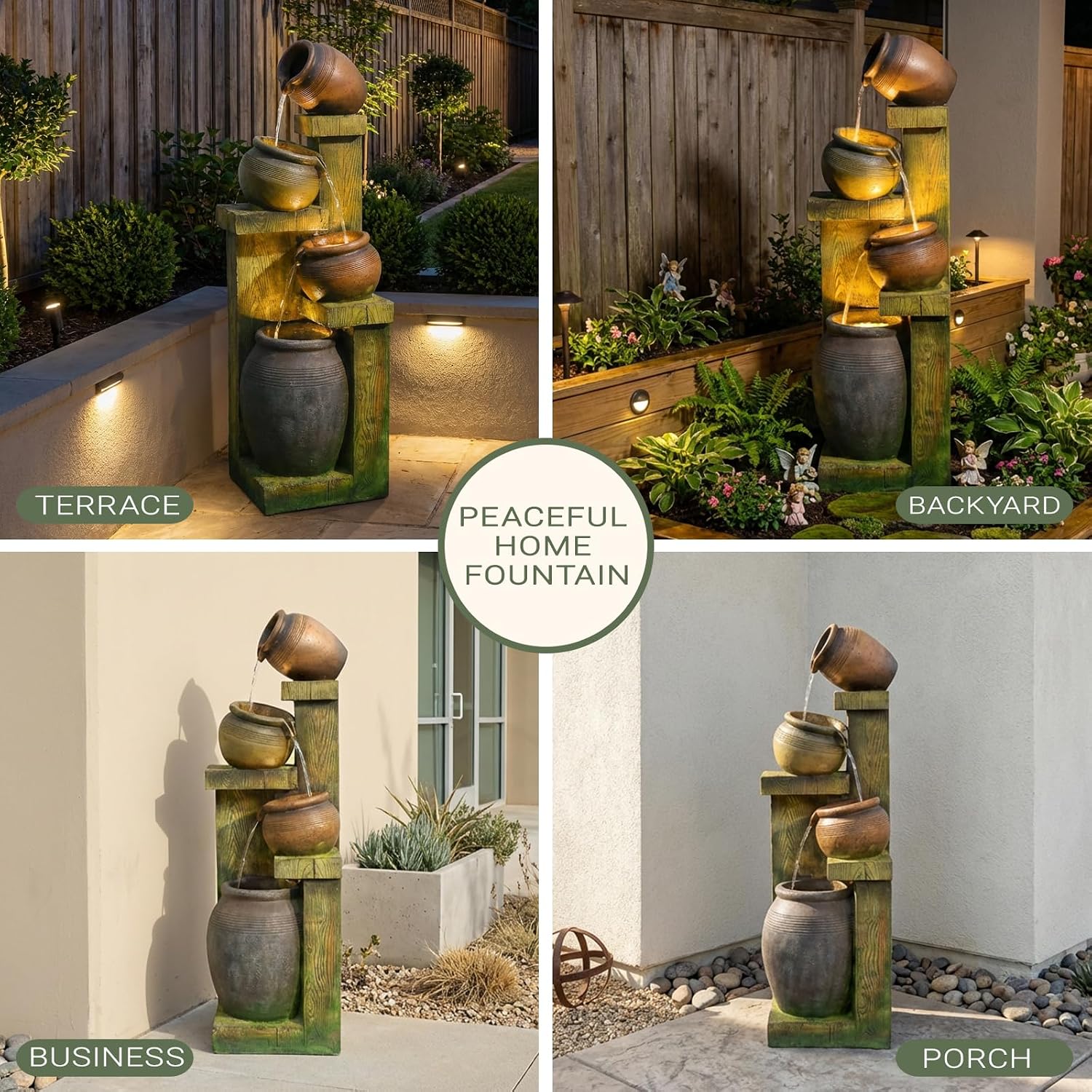 Outdoor Water Fountain with LED Lights, 4-Tier Cascading Waterfall Fountain, Rustic Wood Barrel Resin Outdoor Water Fountain for Garden Patio Backyard Porch Indoor Decor, 36.6' H