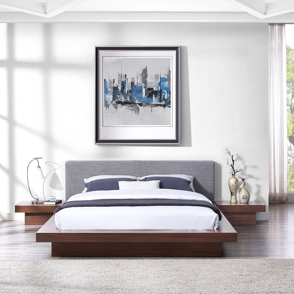 Modway Freja Fabric Upholstered Platform Queen Size Bed and Two Nightstands in Walnut Gray