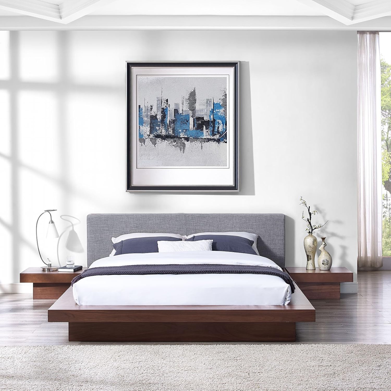 Modway Freja Fabric Upholstered Platform Queen Size Bed and Two Nightstands in Walnut Gray