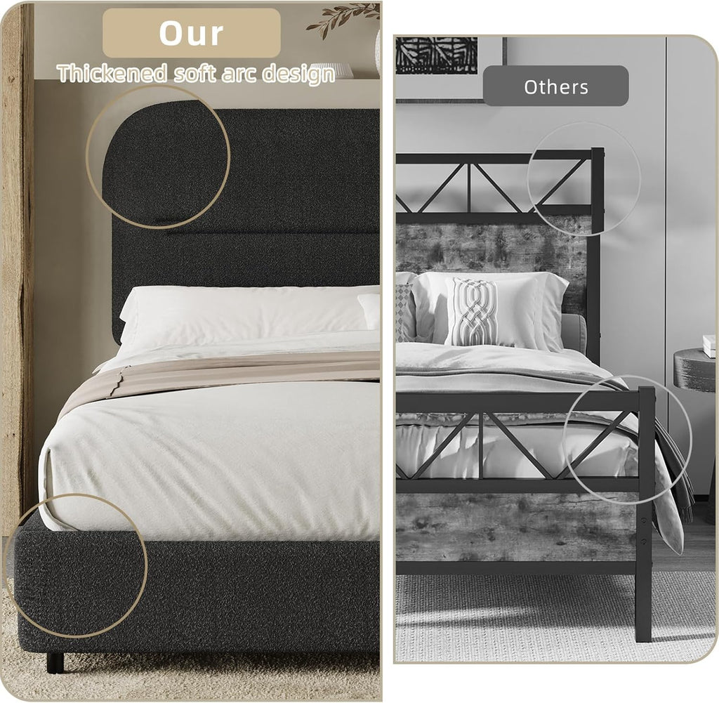 HOMBCK Bed Frame Queen Size, Boucle Upholstered Platform Queen Bed Frame with Headboard, Soft Headboard with Rounded Corners Design, Wood Slats, No Box Spring Required, Easy Assembly, Black
