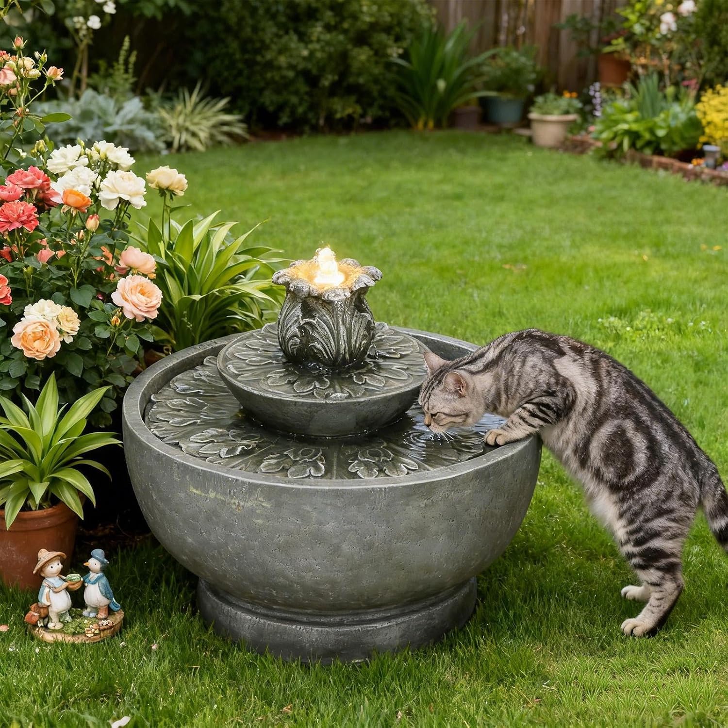 Sunlinua Small Modern Outdoor Water Fountain with Led Lights 3-Tiers Cascading Waterfall Feature with Quiet Pump Floor Water Fountain for Patio Garden Backyard Decking Home and Indoor Décor Gray