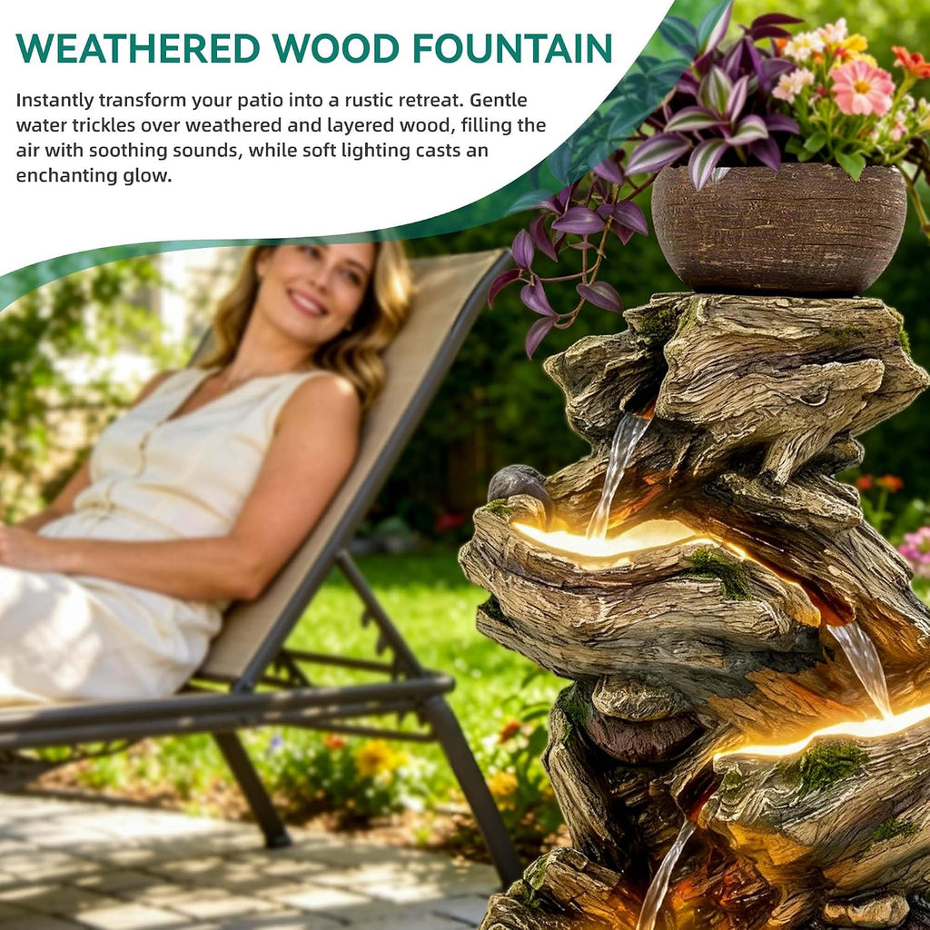 33' Rustic Tree Trunk Outdoor Water Fountain with Planters, Handcrafted 5-Tier Cascading Water Feature with Moss & LED Lights, Relaxing Tranquil Decor for Garden Yard Patio Porch