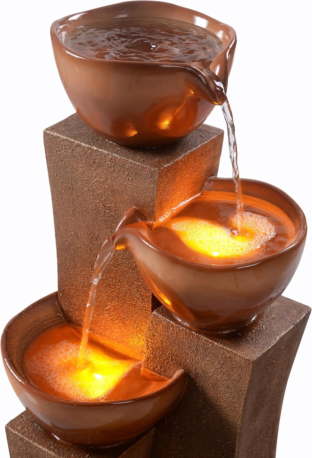 Teamson Home 28.54 in. 3-Tier Cascading Outdoor Water Fountain with LED Lights for Gardens, Landscaping, Patios, Balconies, Lawns, Brown