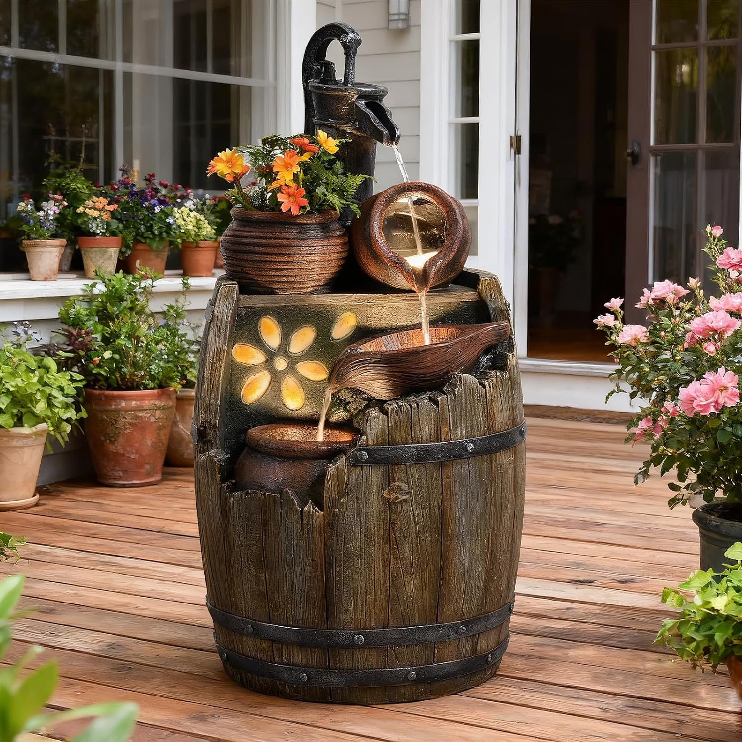 Water Fountain Outdoor 29' H Outside Floor 3 Tiered Rustic Barrel with Light, Pump for Garden, Patio, Deck, Porch, Backyard Home Decor