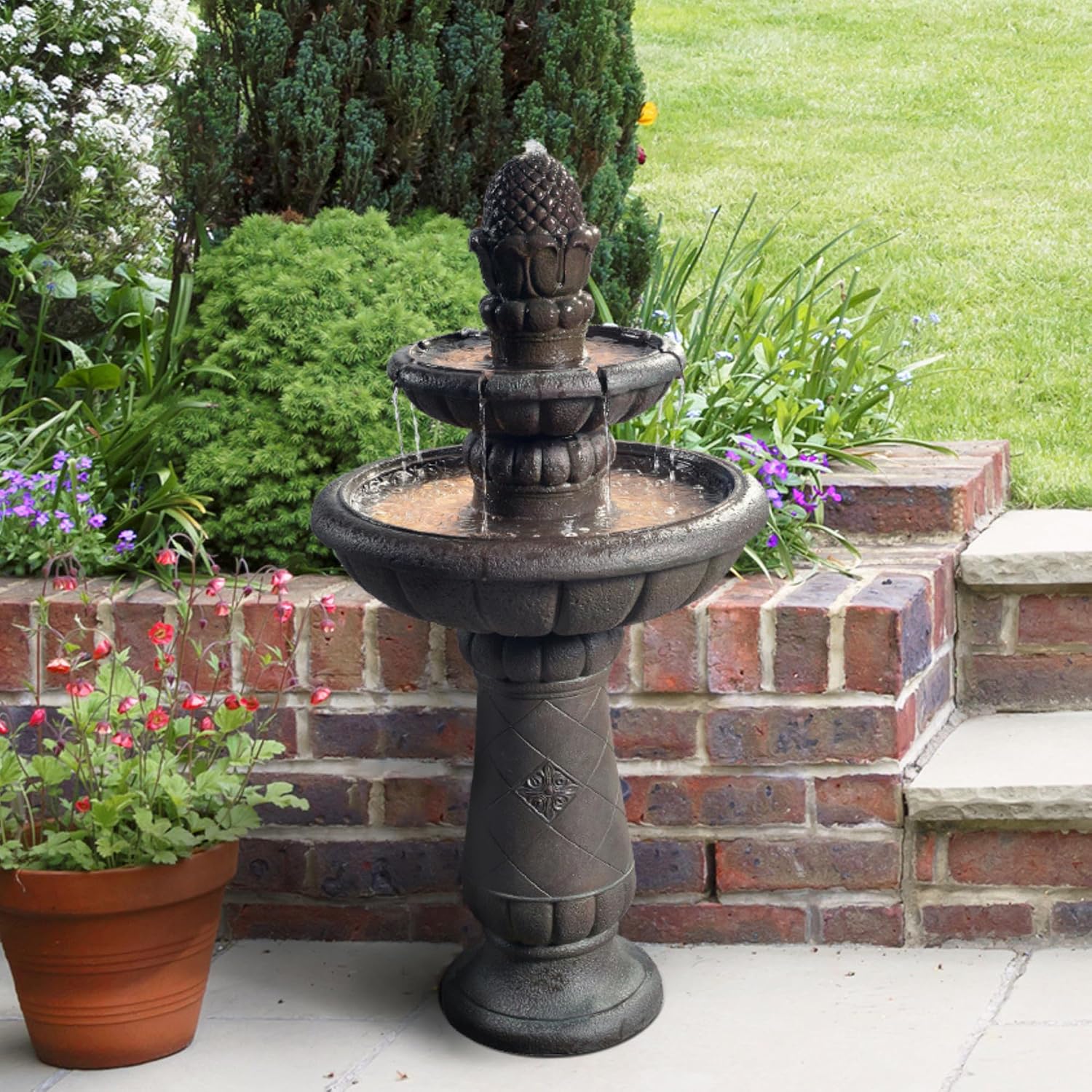 Teamson Home Deluxe Pineapple Pedestal 2 Tiered Floor Waterfall Fountain with Pump for Outdoor Patio Garden Backyard Decking, 39 Inch Height, Iron Gray