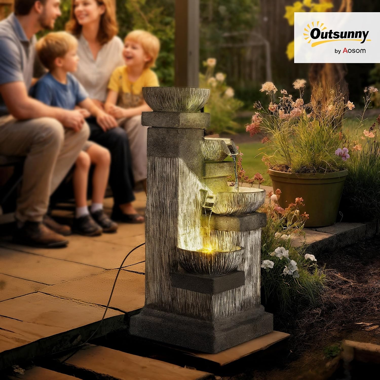 Outsunny 33.5' Tall Outdoor Water Fountain, 4-Tier Floor Standing Resin Cascading Bowls Waterfall Fountain with LED Lights, Pump for Garden, Patio, Backyard