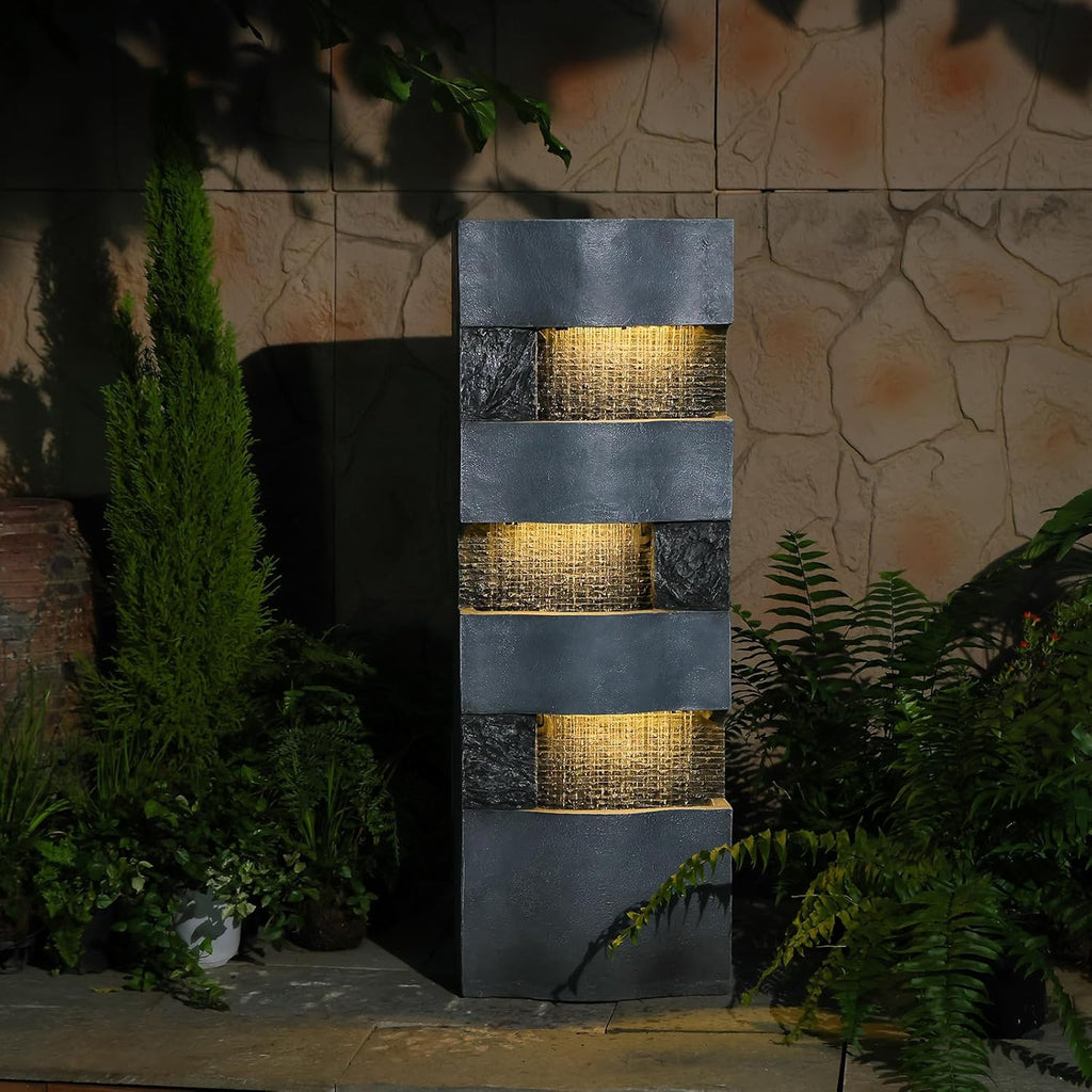 Sunlinua 40.5' H Modern Outdoor Water Fountain with LED Lights – Tall Garden Waterfall Fountain for Patio, Yard, Landscape or Indoor Decor, 4 Tiers Floor Standing Waterfall Outdoor Fountains