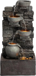 Teamson Home 28.5' Outdoor 4-Tier Stacked Stone Cascading Water Fountain with LED Lights, Gray