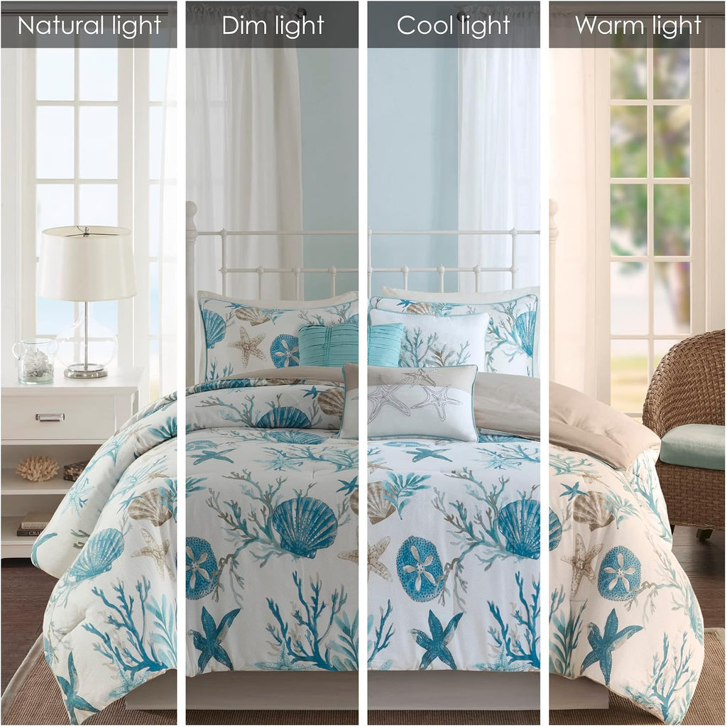 Madison Park Pebble Beach 100% Cotton Comforter Set - Coastal Coral, Starfish Design All Season Down Alternative Cozy Bedding with Matching Shams, Decorative Pillow, King(104'x92') Aqua 7 Piece