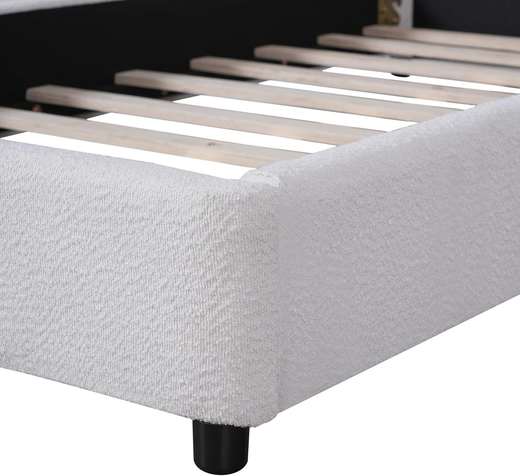 JIVOIT Modern Twin Size Bed Frame with Curved Round Headboard, Boucle Upholstered Platform Bed Frame with Sturdy Support Slats, No Box Spring Needed
