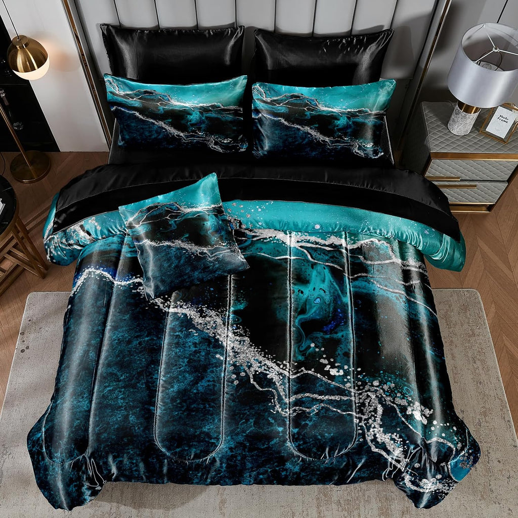 Bedorm Blue Marble Comforter Set King Silky Satin Bed in A Bag Black Marble Stone Abstract Texture Silk Like Black Satin Bedding Set with Comforter and Sheet Set