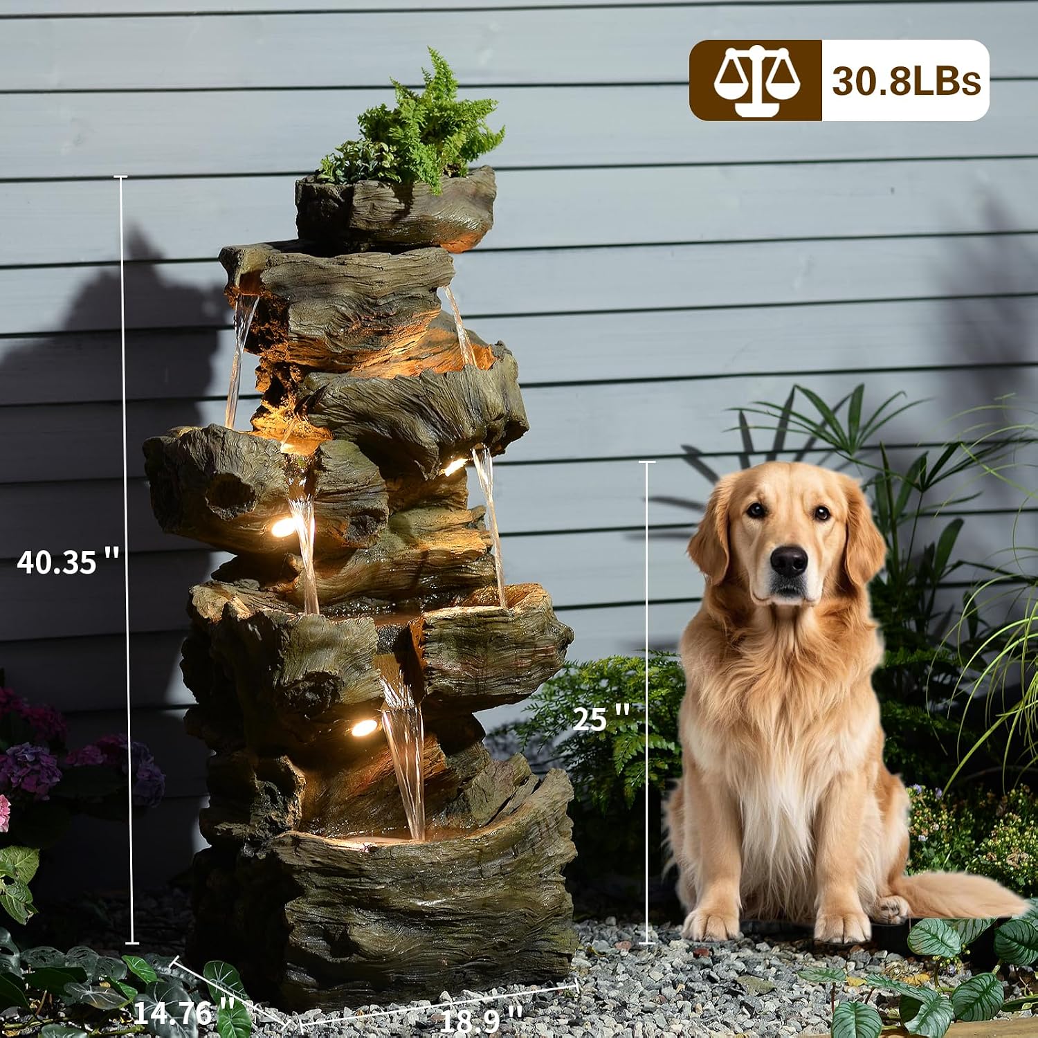 Sunlinua 40' H Outdoor Water Fountain with 5 Tiers Large Cascading Realistic Tree Trunk Waterfall Fountains with LED Lights Outdoor Water Fountain for Garden Patio Backyard Porch Home Decor