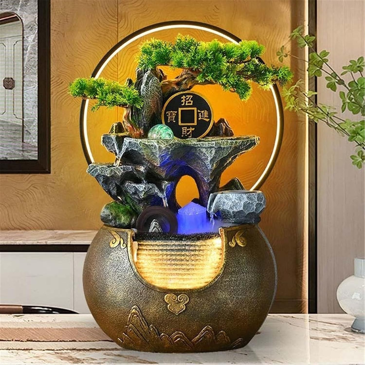 Tabletop Fountain Waterfall Tabletop Water Fountain Rockery with Waterfall and Decorative Piece for Home Office Decor(Gris)