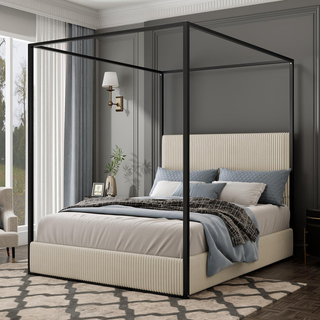 King Size Metal Canopy Bed with Tall Upholstered Channel Headboard and Gold 4 Poster, No Box Spring Needed (White+ Black, King)