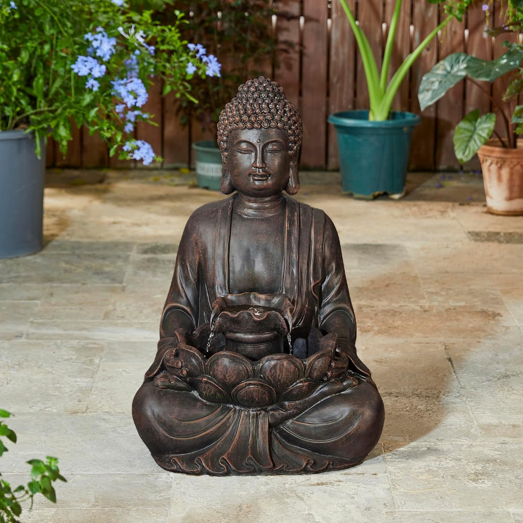 Glitzhome Buddha Fountain with Pump & LED Light, 2 Tier Zen Style Meditating Buddha Water Fountain Outdoor Fountains and Waterfalls Outdoor Buddha Statues for Garden Patio Backyard 28.25' H