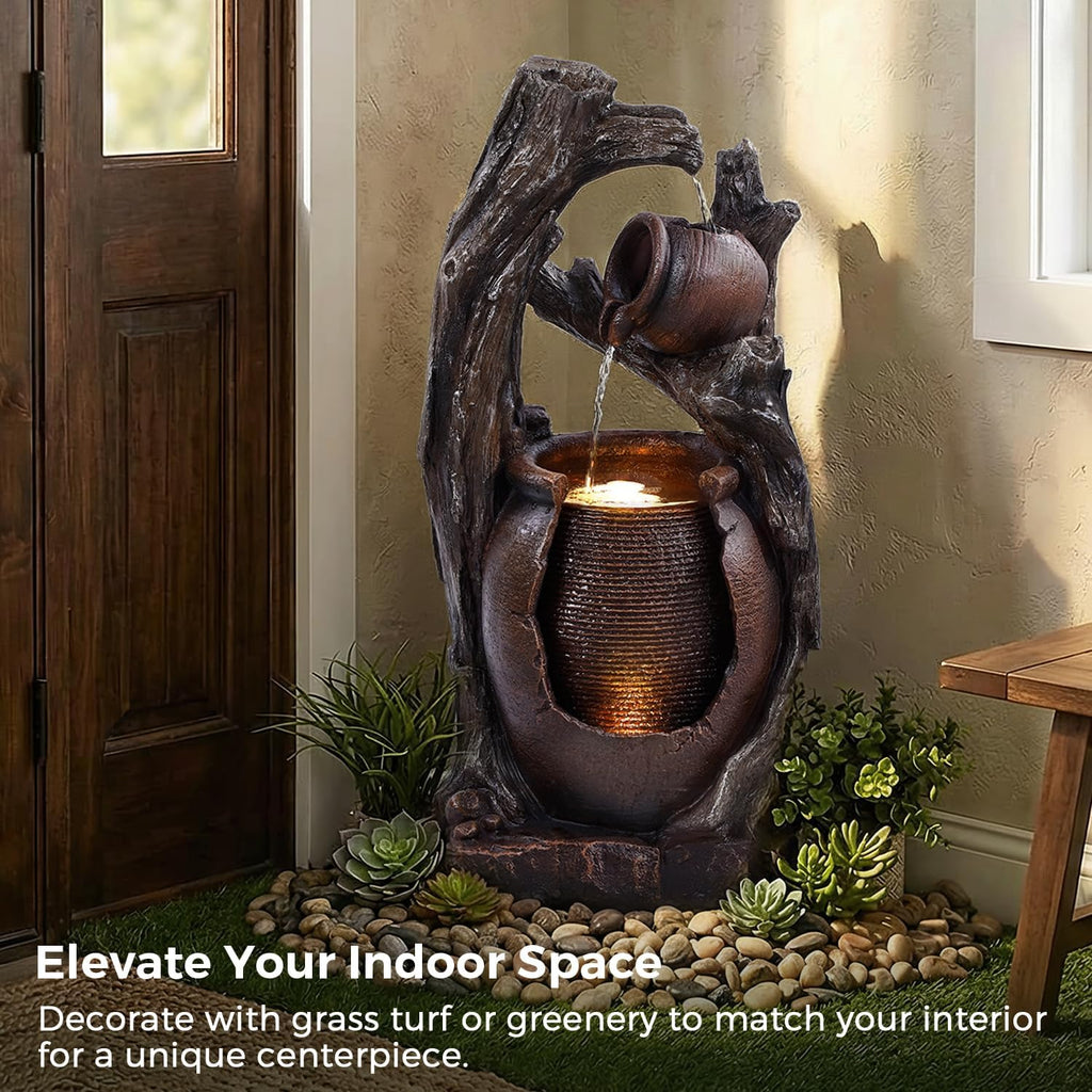 32' H Outdoor Water Fountain, Rustic 2-Tier Clay Pot Water Fountain and Waterfalls with 2 Warm LED Lights, Natural Feature Garden Fountains for Patio, Backyard, Deck, Porch, Home Decor