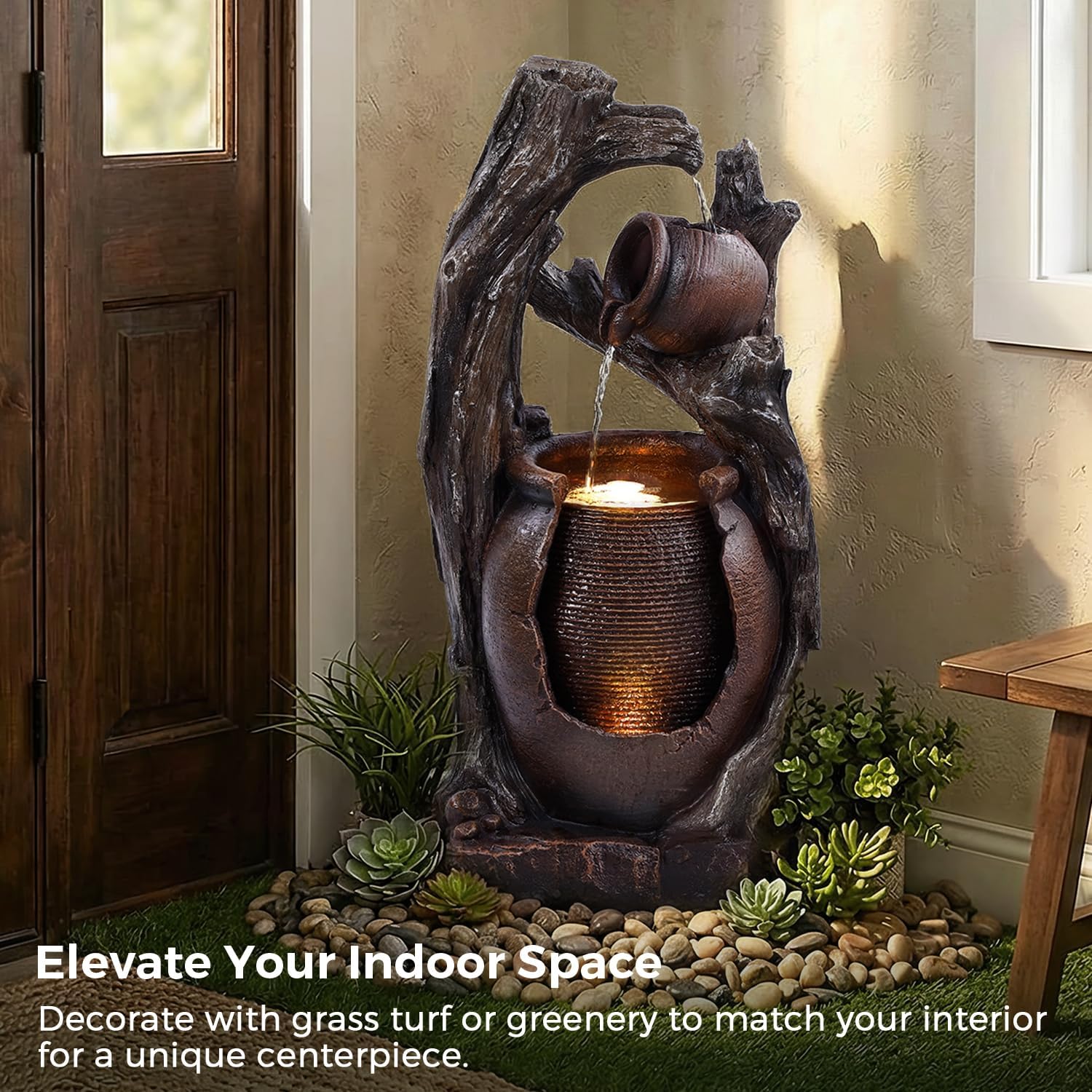 32' H Outdoor Water Fountain, Rustic 2-Tier Clay Pot Water Fountain and Waterfalls with 2 Warm LED Lights, Natural Feature Garden Fountains for Patio, Backyard, Deck, Porch, Home Decor