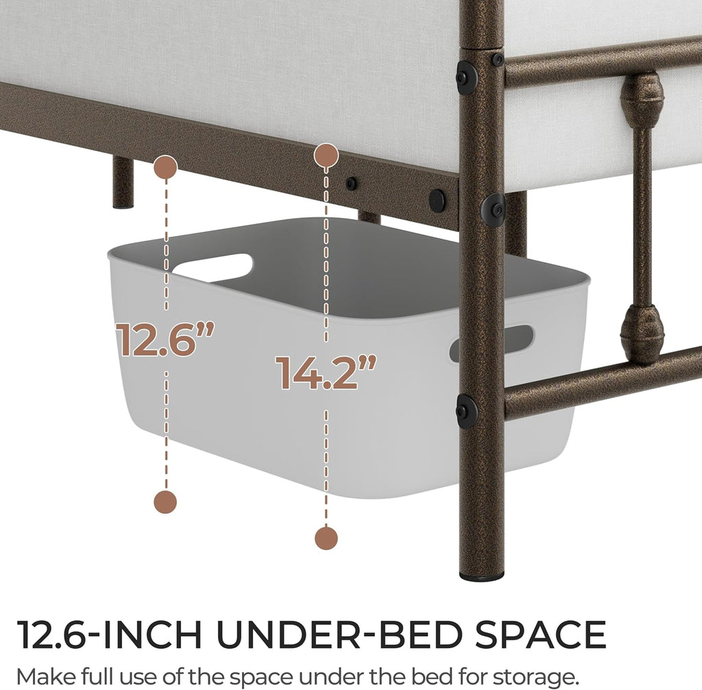 Topeakmart Queen Size Victorian Style Metal Bed Frame with Headboard/Mattress Foundation/No Box Spring Needed/Under Bed Storage/Strong Slat Support Bronze