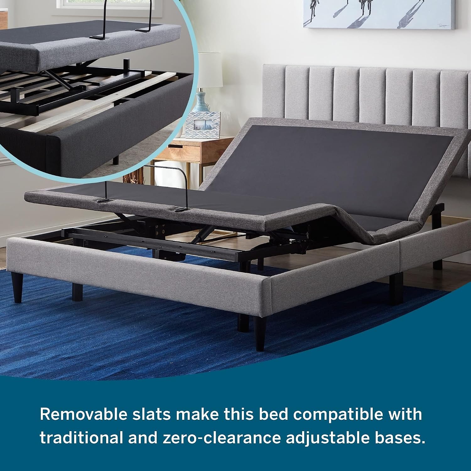 Lucid Queen Bedframe with Vertical Channeled Headboard — Upholstered Platform Bed — Easy Assembly — Queen Size — No Box Spring Needed — Pearl Color