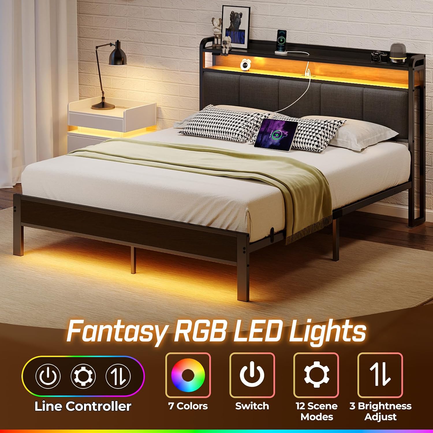 Rolanstar Queen Bed Frame with LED Lights, Upholstered Headboard, Charging Station, Storage Shelves, Heavy Duty Metal Slats, No Box Spring Needed, Noise Free, Easy Assembly, Dark Grey