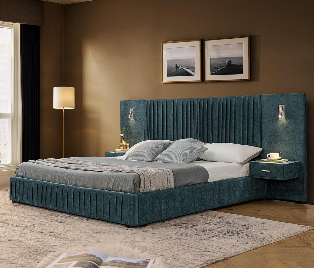 KEIKI Queen Size Chenille Bed Frame with 2 Nightstands, Lamps & Oversize Headboard, Solid Wood Frame Platform Night Stand Bedroom Set, Upholstered Floor Grounded Bed, No Box Spring Needed, Blue Green