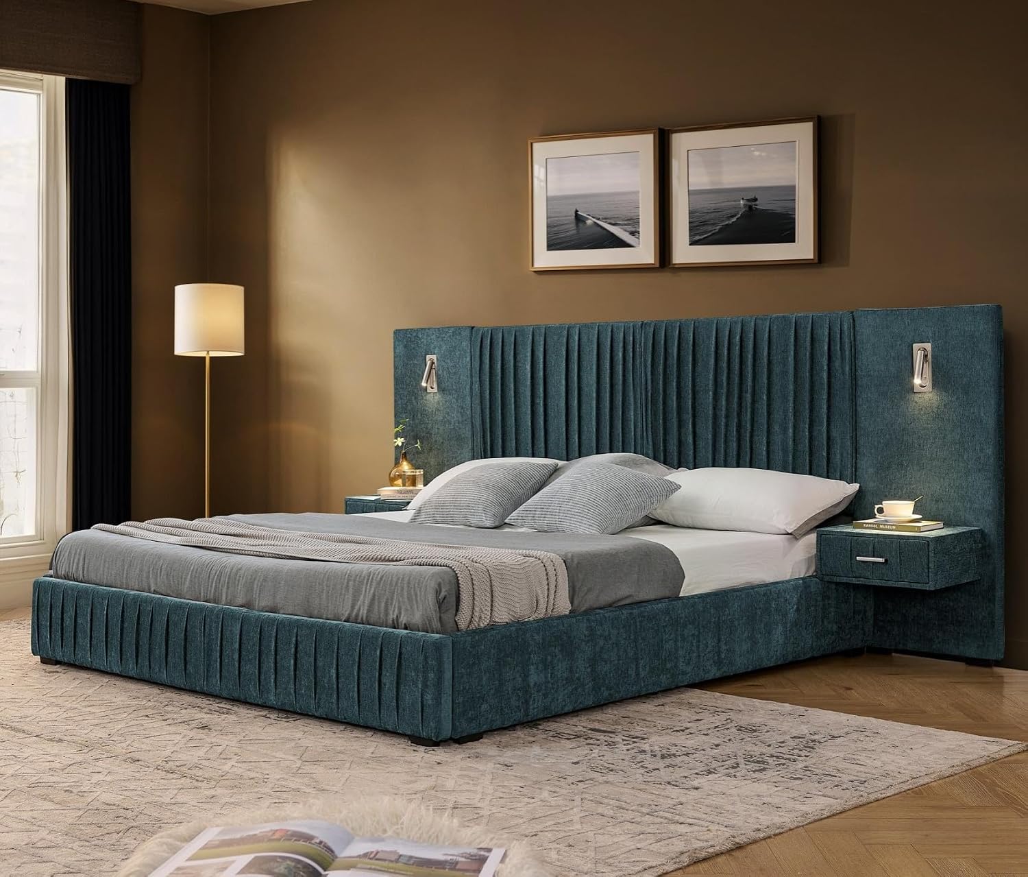 KEIKI Queen Size Chenille Bed Frame with 2 Nightstands, Lamps & Oversize Headboard, Solid Wood Frame Platform Night Stand Bedroom Set, Upholstered Floor Grounded Bed, No Box Spring Needed, Blue Green
