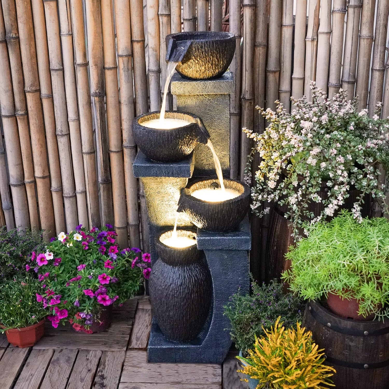 Outdoor Garden Water Fountain for Garden Patio Backyard Deck Porch and Home Art Decor 4 Tiers Modern Cascading Outdoor Fountains with Lights 37.4'H