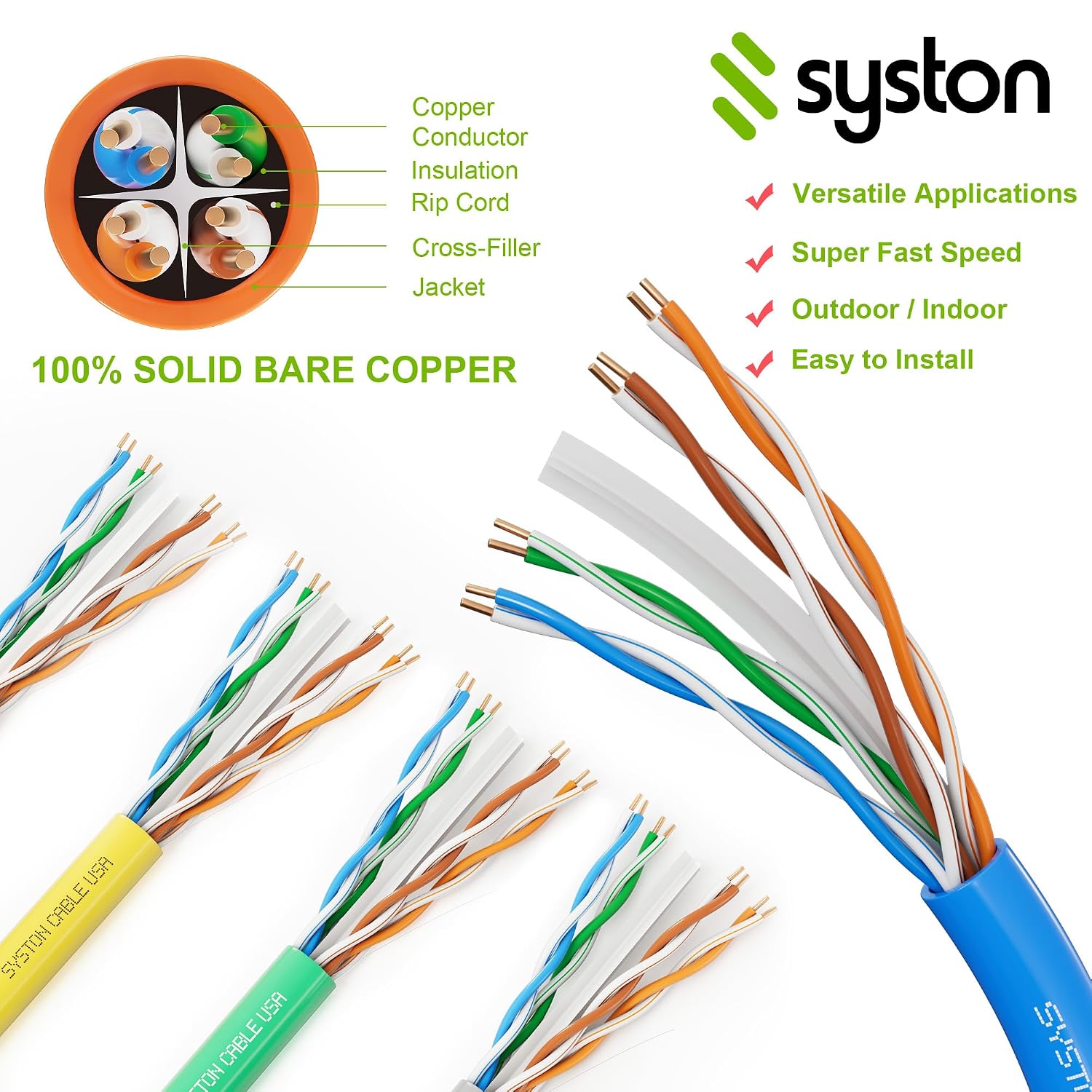 Syston Cable Technology Cat6e Ethernet Internet Cable - 500 FT，600MHz 23AWG Solid Bare Copper Wire Outdoor/Indoor Suit, No Ends 10 Ft to 1000 Ft Available, Heat Resistant Riser Rated - CMR