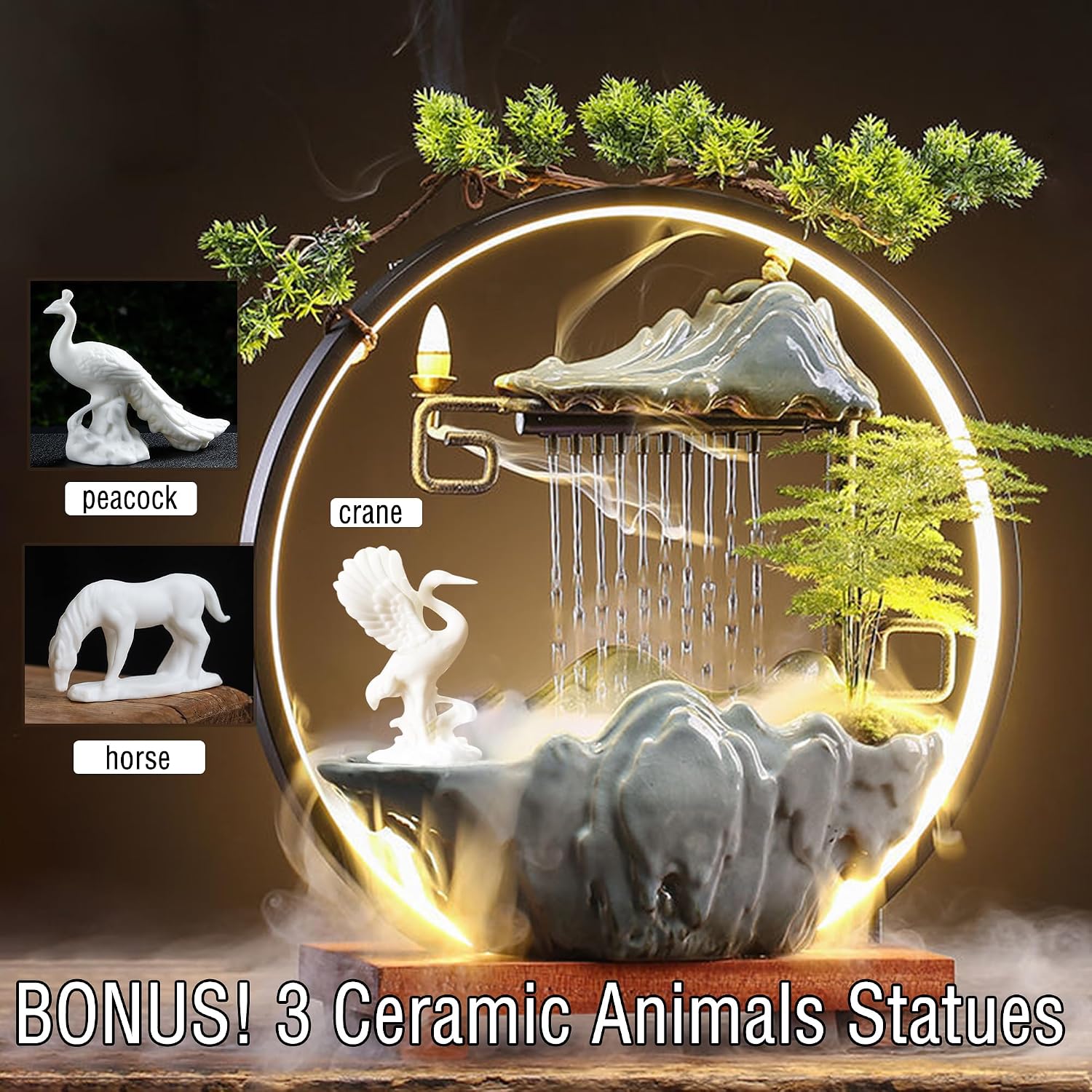 Tabletop Water Fountain Indoor Animals Desktop Waterfall Fountain with Lights Mist Backflow Incense Holder Meditation Relaxing Indoor Zen Decor for Home, Office (Peacock, Horse & Crane)