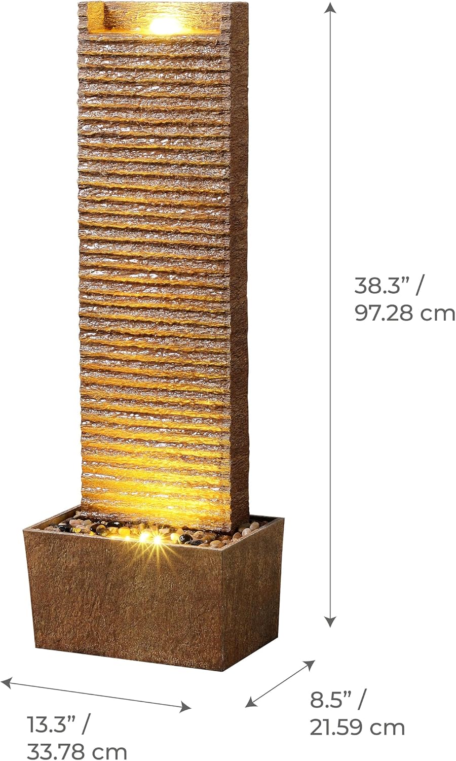 Teamson Home Ridged Texture Outdoor Water Fountain–Warm Glow Lighting with Built-in Electric Pump & Simple Setup, Brown